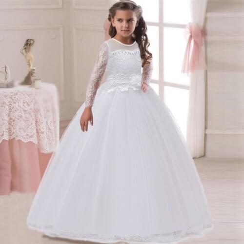 Long Sleeve White Dress Costume Kids Dress for Girl Children Princess Dress Party Pageant Wedding Childrens Dress Clothes 8 14Y