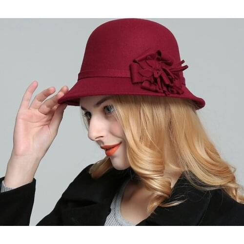2020 New Style Flower Top Hat Autumn Winter Woolen Hat Women Korean Round Top Lady Girls Floppy Cartola Female Felt Cap