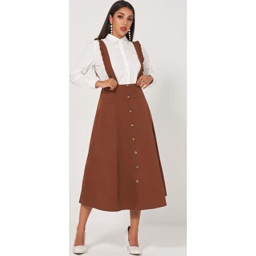Ladies Fashion College Style Two-piece Long-sleeved Lapel All-match Shirt A-line Womens Wooden Ear Suspenders Suit Skirt