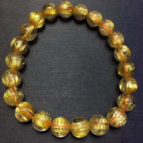 Genuine Natural Gold Rutilated Quartz Crystal Bracelet Woman Men 8.5mm Clear Round Beads Jewelry Brazil Genuine AAAAA