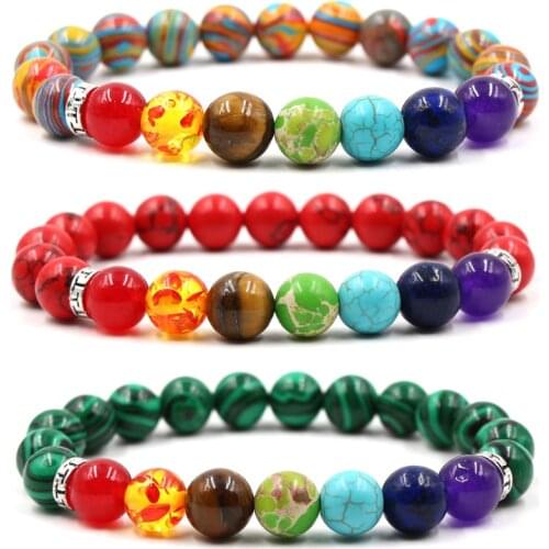 New Fashion Seven Color Chakra Stone Beads Elastic Bracelet Bangle Classic Natural Malachite Women Men Bracelet Jewelry Gift