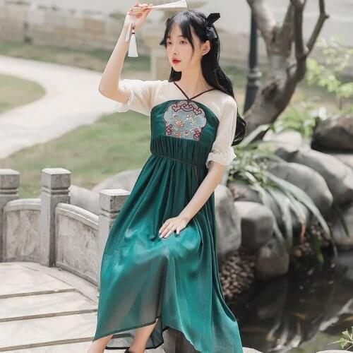 Sweet Vintage Fairy Dress Women 2021 Summer New Improved Hanfu Ladies V-neck Elegant Chic Flower Embroidered Vestido Chiffon
