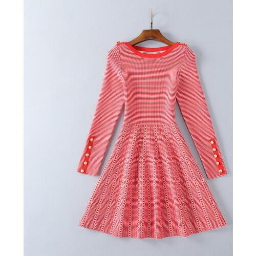 European womens wear 2018 The new spring Long sleeve Decorative buttons plaid Knitted dress
