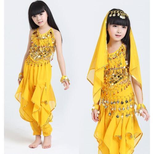2017 Sari Children Indian belly Dance 2-3-4-5pcs Costume Set Bollywood Dance Costumes for Girls red/rose red/yellow 3 colors
