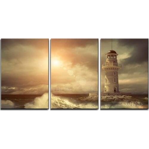 3 Piece Canvas Wall Art Lighthouse on The Sea Under Sky Modern Home Art