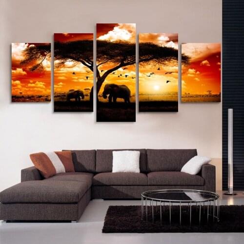 5 pcs Elephant under the tree in the African HD Posters Wall Art Modular Oil Modern Canvas Art Wall Framework BedRoom Picture