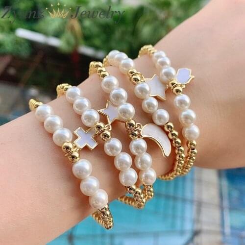 5PCS, Fashion Gold Color Beads Pearl Star Cross Multilayer Charm Beaded Bracelets Set for Women Charm Party Jewelry Gift