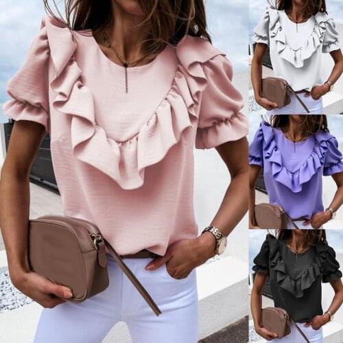 Fashion Basic Shirt Office Lady Summer Solid Color O Neck Ruffled Sleeve Edge Casual T-shirt Blouse 4 Colors Female Top