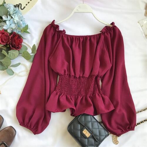 Fashion Spring Sexy Autumn Off Shoulder Chiffon Short Blouse Women Blusa Shirt Slim Waist Ruffles Blouses Casual Long Sleeve Top