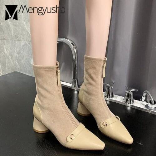 Brand designer leather & flock patchwork winter boots women pointed toe round high heels botas mujer front zip mid-calf booties