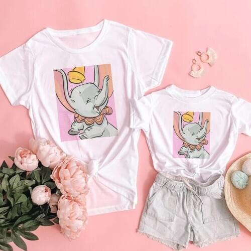 Kids Children Girl Boy Tops Clothing Short Sleeves Summer Dumbo Elephant Print Tshirt Cartoon Adult Unisex Tee White Famliy Look