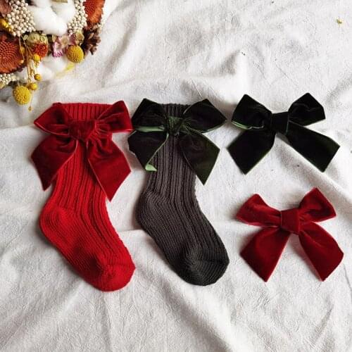 Children Girls Princess Velvet Bow Socks Baby Kids High Knee Cotton Knitted Sock New Christmas Gift Infant Toddler Red Socks