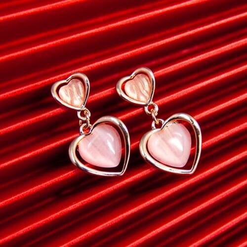 Elegant Gold Double Hearts Drop Earring Pink Yellow Opal Long Dangle Earrings For Women Wedding Jewelry Party Gift Accessories
