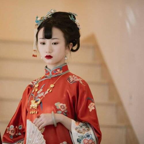 Chinese Dress Lady Silk Qipao Orange Hanfu Big Size Cheongsam Dress Womens Summer Retro Printed Embroidery China Tang Costume