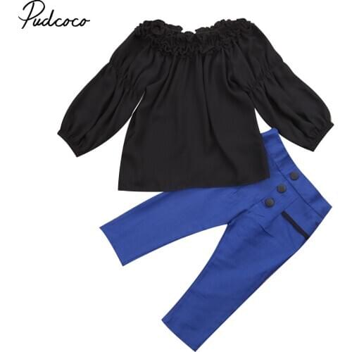 Kids Baby Girl Outfit Set Off Shoulder Long Sleeve Shirt Tops+Blue High Waist Pencil Pants 2pcs Outfits Clothes Sets