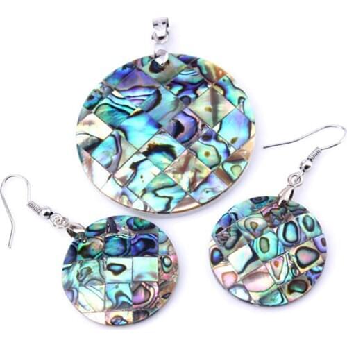 Trendy-beads Silver Plated Abalone Shell Round Pendant Dangle Earrings For Party Jewelry Sets
