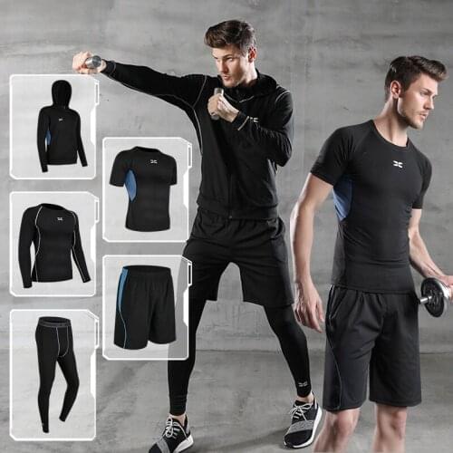 5pcs Mens Tracksuits Short/Long Sleeve Shorts/Tights Jackets Quickdry Sportswear Cycling Fitness Gym Running Workout Sets