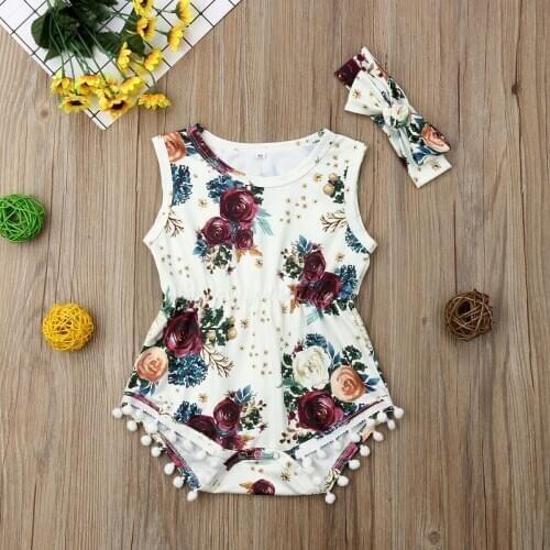 0-24M 2Pcs Toddler Baby Girl Floral Bodysuit with Headband Outfit Set Baby Clothes
