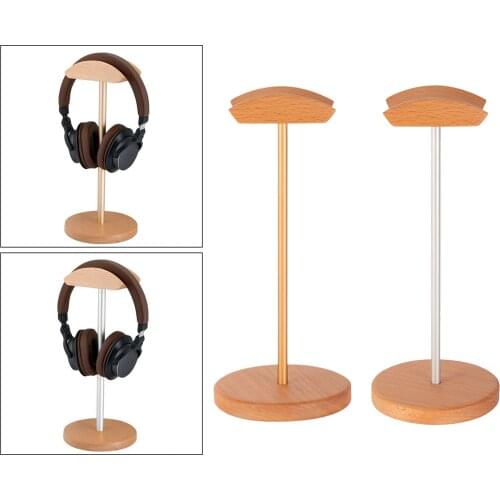 Desktop Headphone Stand with Aluminum Supporting Bar Flexible Headrest Wood Solid Base for Desktop Organization Display