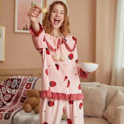 Fdfklak Thick Fleece Winter Pajamas Women Sweet Print Ladies Home Clothes Loose Warm Pijamas Two Piece Set Long Sleeve Nightwear