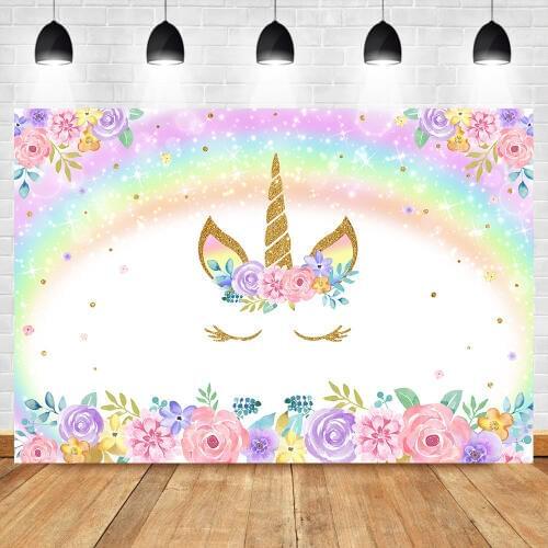 Rainbow Unicorn Backdrop Gold Unicorn Glitter Bubble Photo Backdrop Pastel Floral Childrens Birthday Decorate Party Banner