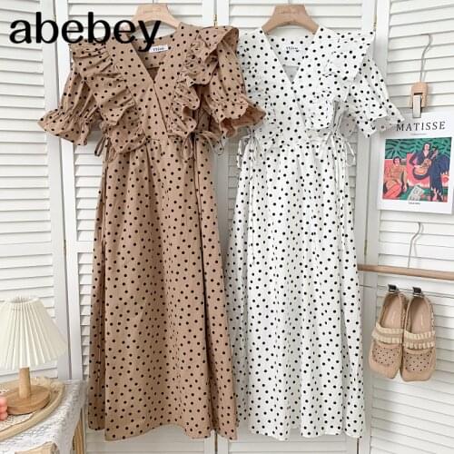 Vintage V-neck puff sleeve Dress high waist lace up waist Ruffles polka dot mid-length A-line Dress 2021 New Summer