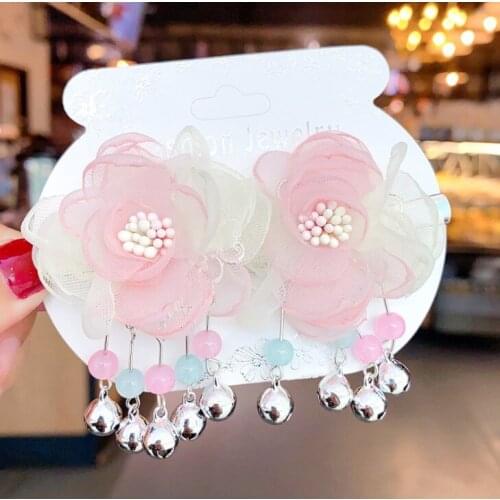 Chinese STyle Colorful pink Yarn Flower Heart Hairpins Hair Clips For Girls Women Bells Tassel Hairgrip Hair Accessories