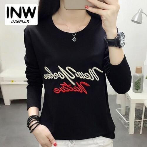 Tee Shirt Femme Letters Tshirt Women T-shirt Cotton Camisetas Mujer 2019 Plus Size Tshirt Fall Long Sleeve Embroidery Tops Tees