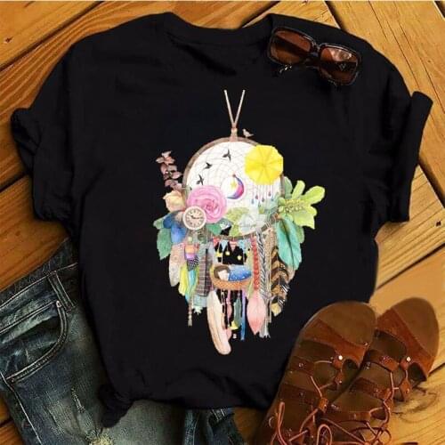 Harajuku Womens Fashion T-shirt Dream Catcher Printed Womens Casual Black Top Round Neck Womens T-shirt