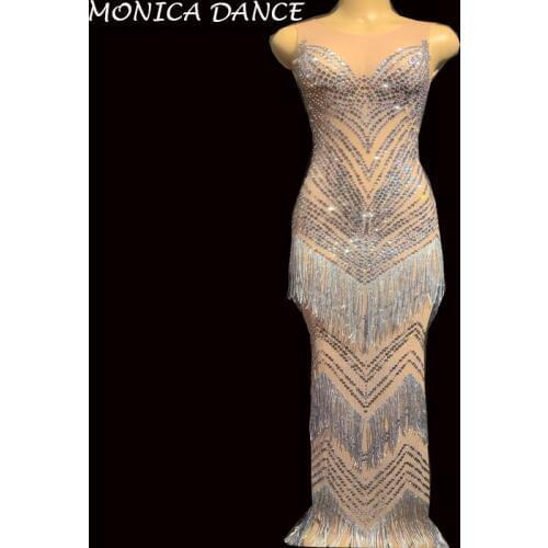 Women Sexy Stage Flashing Rhinestones Mesh Dress See Through Birthday Celebrate Outfit Bar Prom DS Women Dancer Dress