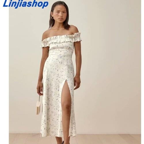 White Off Shoulder Midi Dress Women High Waist Vintage Summer Dress Split Ruffles Dresses Party Wear French Style