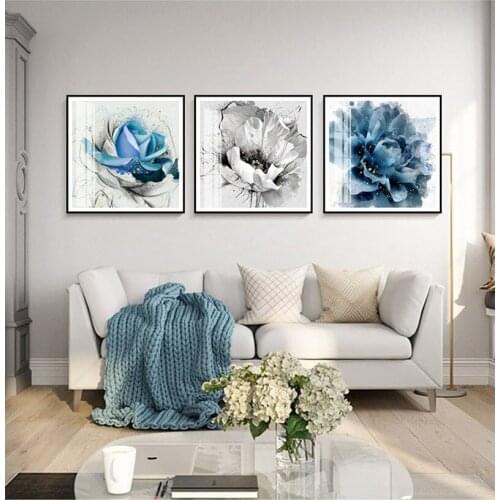Golden slivery and Ink blue Abstract Subshrubby peony flower modern Nordic decorative Painting for Home Canvas Print Wall Art Po