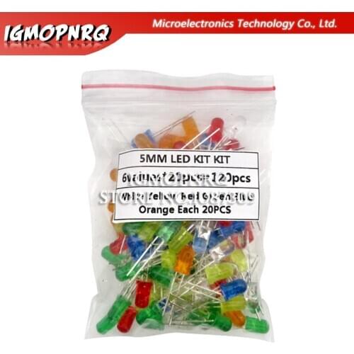 120pcs 6color X 20pcs 5mm LED Light Assorted Kit DIY LEDs Set White Yellow Red Green Blue Orange