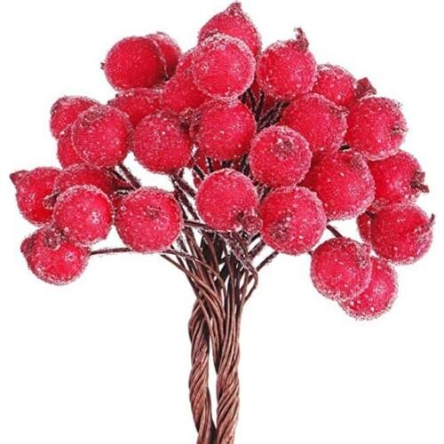 40pcs Mini Christmas Frosted Artificial Berry Vivid Red Holly Berries Christmas Tree Decorative Artificial Flowers Double Heads