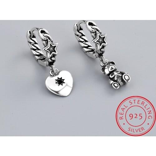 Cute Bear Love Heart Long Tassel Asymmetric Hoop Earrings 925 Sterling Silver Star Fine Jewelry For Minimalis Gift S-E1075