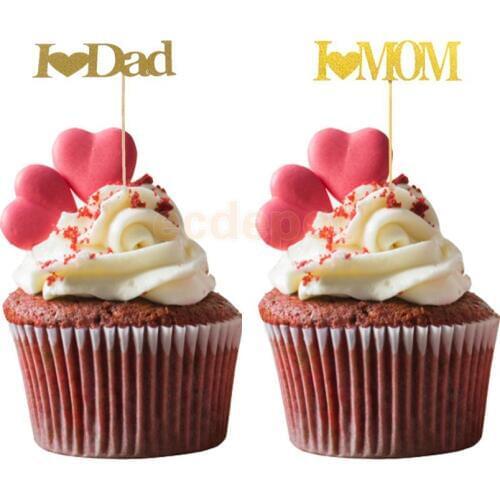 10 Pieces Glitter Paper I Love Mum Dad Mother Father Day Cake Topper Birthday Celebration Party Food Picks Photo Prop