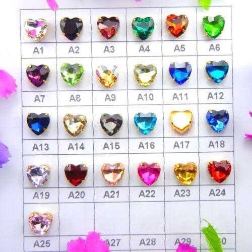 Glass Crystal Gold claw settings 7 Sizes Various colors mix heart shape Sew on rhinestone beads clothes hair pin shoes diy