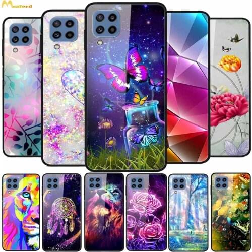 Tempered Glass Case For Samsung Galaxy M32 M12 NFC Case Rose Flowers Cats Lion Phone Cover For Galaxy A12 A22 5G Case M 32 Funda