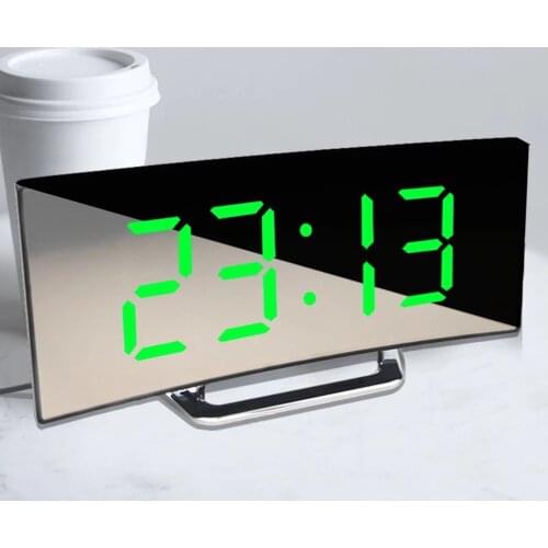 Digital Alarm Clock LED Curved Surface Mirror Electronic Table Clock Large Screen Snooze Desktop Clock For Home Decoration
