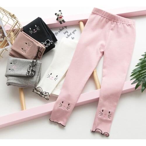Spring Autumn New Girls Embroidered Cat Leggings Children Cotton Pants Kids Slim School Sports Trousers