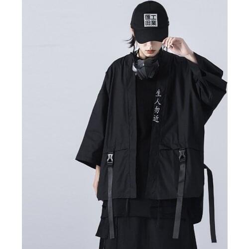 Function wind garments popular logo dark ninja coat seven male loose hip-hop ribbon jacket with short sleeves