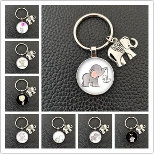 Hot sale round glass convex round elephant and baby elephant pattern glass handmade keychain, car keychain, boutique accessories