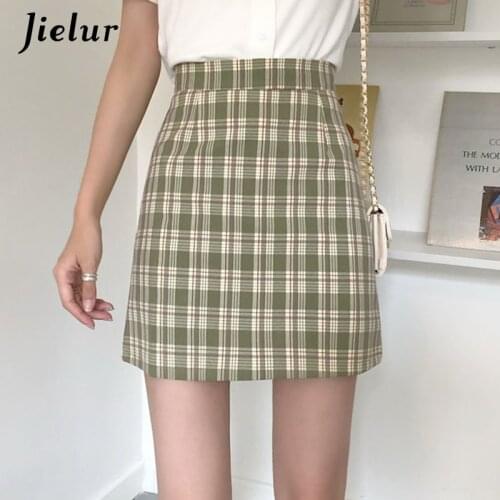 Jielur 4 Colors Plaid Skirt A-line Harajuku Slim Black Purple Womens Skirt 2021 Vintage High-waisted Mini Skirts Girls Korean