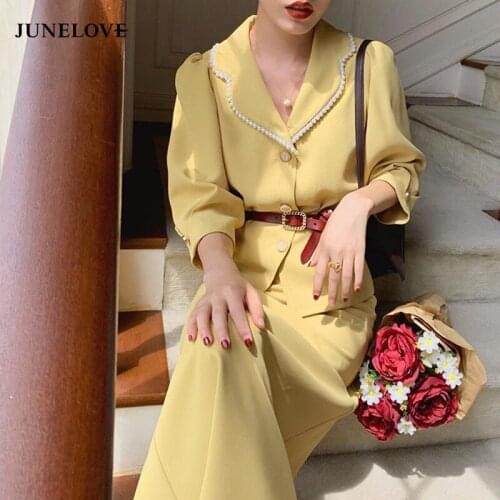JuneLove French Style Vintage 2 Piece Sets Vintage Women Suit Pearl Notched Sashes Blazer+ Skirt Elegant Office Lady Chic Suits