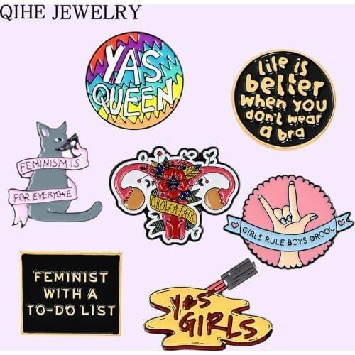 Girls Collection Enamel Pins Uterus Womb Rainbow Queen Cat Nail Polish No Bra Gender Equality Brooch Freedom Badge Pin Wholesale