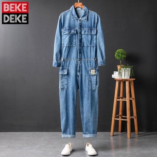 Spring Autumn Retro Biker Cargo Jumpsuit Men Denim Jacket Set Straight Hip Hop Pants Japan Style Single Breasted Overalls Male