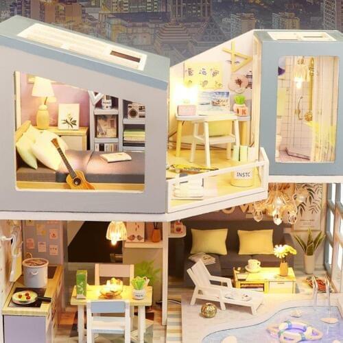 DIY Assembly Miniature 2-Floor Doll House LED Model Table Decoration Kids Toy Casa Music Led Toys for Children Birthday Gift