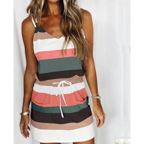 Fashion Casual Elastic Waist Lace-Up Dress Ladies Sexy V-Neck Pullover Dress Summer Elegant Striped Sling Sleeveless Women Dress
