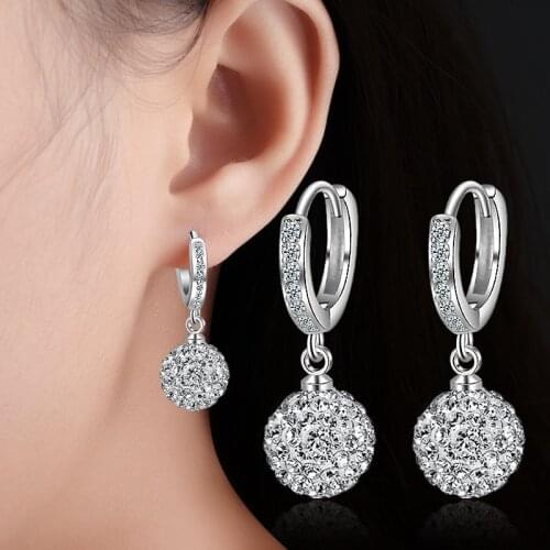 925 Sterling Silver Crystal Round Ball Stud Earrings for Women Wedding Party Femme Jewelry eh785