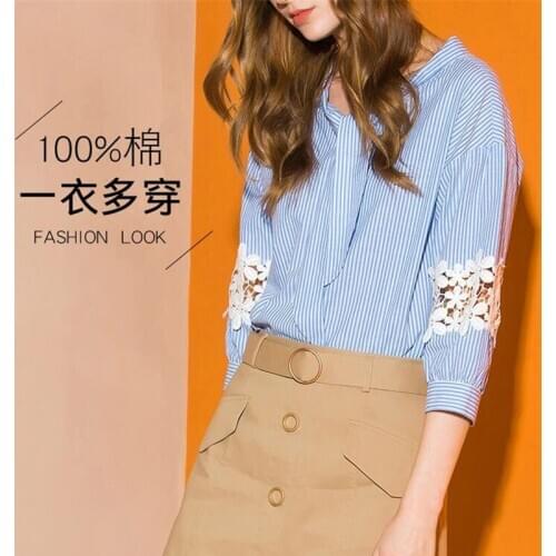 Autumn new striped blouse female lapel bow lace stitching half sleeve two women wearing cotton and linen Joker shirt